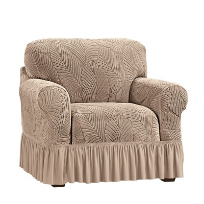 Taupe Textured Leaf Design Ruffled Skirt Chair Slipcover