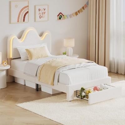 Bed Frame with LED Headboard and Under-Bed Drawer,Metal Upholstered Platform Bed with LED Light for Kids,Lamb Fleece Fabric,No Box Spring Needed