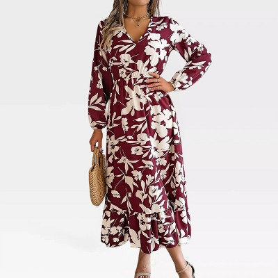 Women Long Sleeve Dress Floral Fall Dress Long Sleeve V Neck Smocked Waist A Line Maxi Dress with Flounce Hem Flowy Causal Dress
