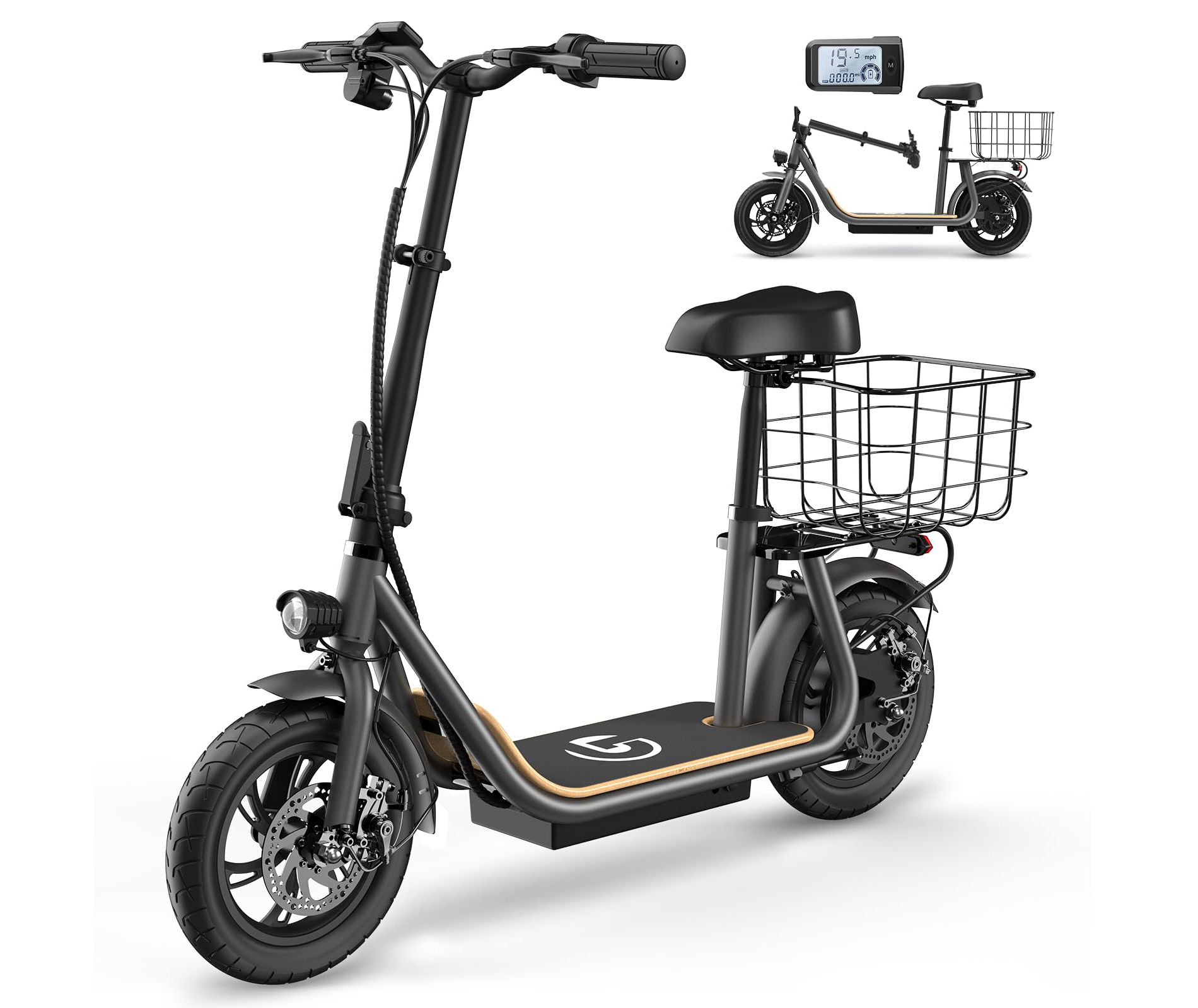 Electric Scooter with Seat for Adults, 500W Foldable Electric Scooter with Seat and Basket, Max 30 Miles Range&19 Mph Power