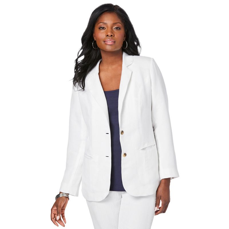 Jessica London Women's Plus Size Casual Long Sleeve Linen Blazer Jacket with Pockets, 1 of 2