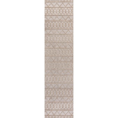 Beige Geometric High-Low Pile Indoor/Outdoor Runner Rug