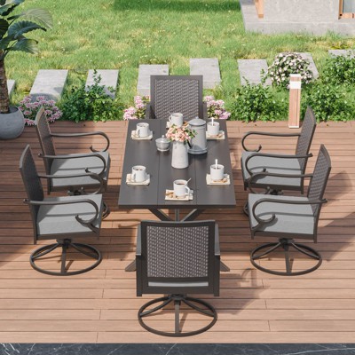 ALAULM 7-Piece Balcony Dining Set Outdoor Furniture, includes 6 rattan rocking chairs and a large metal dining table with umbrella hole, grey.