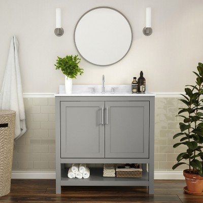 Flash Furniture Vega Bathroom Vanity with Sink Combo, Storage Cabinet with Soft Close Doors and Open Shelf, Carrara Marble Finish Countertop