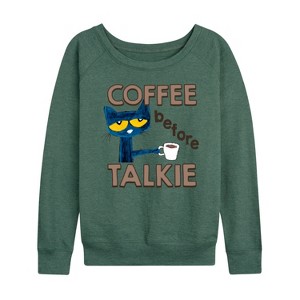 Women's - Pete the Cat - Coffee Before Talkie- Women's French Terry Pullover Lightweight French Terry Wide Neck Long Sleeve Shirt - 1 of 4