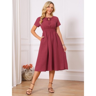 Женские платья INSPIRE CHIC Women's Summer Smocked Waist Short Sleeve Tie V Neck A-line Flowy Beach Midi Dresses X-Large Wine Red — фото 3