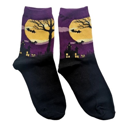 Purple Bat, Haunted House and Tree by the Moon Socks from the Sock Panda (Women's Sizes Adult Medium)