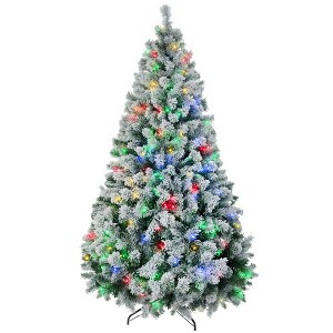 7.5' Artificial Snow Christmas Trees with Frosted Branches, Warm White or Colorful LED Lights - 1 of 4