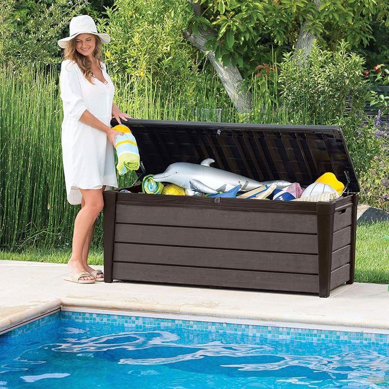 Keter Brushwood 120 Gallon Outdoor Deck Storage Box, Lockable Patio and Garden Furniture Container for Yard Tools and Pool Accessories, Brown, 5 of 8
