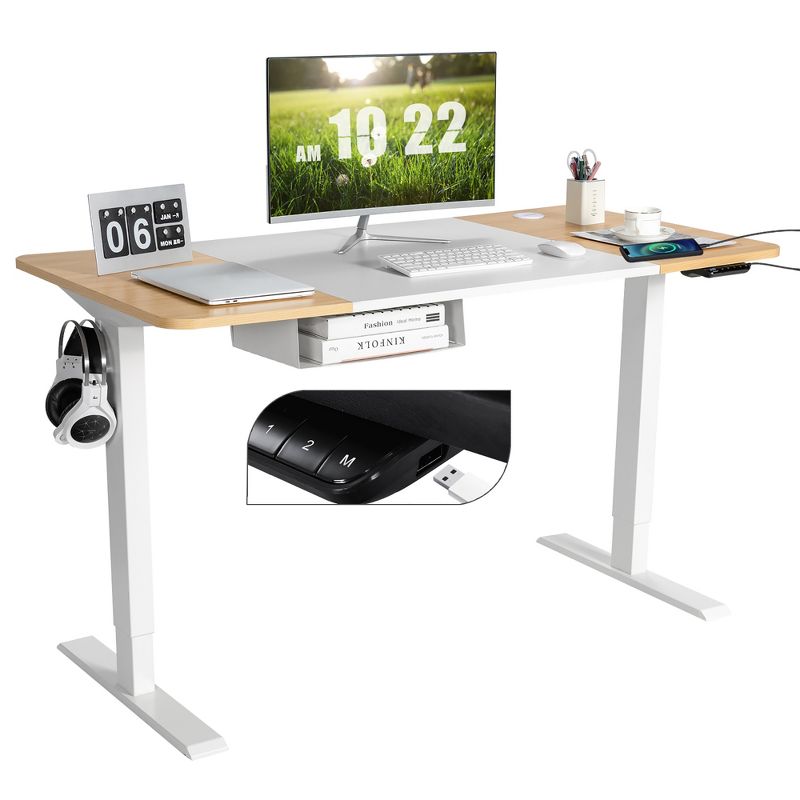 55''x28'' Electric Standing Desk Adjustable Sit to Stand Table w/USB Port White\Natural, 1 of 13