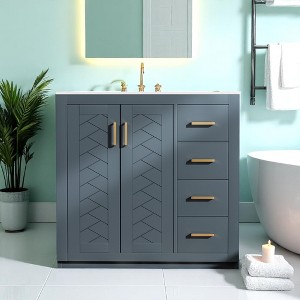 36" Indigo Bathroom Vanity with Sink – Solid Wood Frame, 3 Drawers, 2 Doors, Ceramic Basin, Soft-Close Hardware, Storage Cabinet - 1 of 4