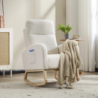 White modern style rocking chair, solid wood leg rocking chair, high back living room leisure armchair