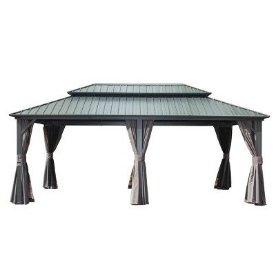 12X20 FT Outdoor Hardtop Gazebo,Metal Gazebo With Double Roof Canopy And Curtain,Galvanized Permanent Large Patio Gazebo-Coolbibila
