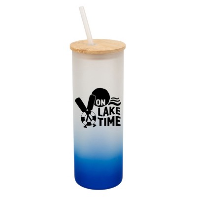 Elanze Designs On Lake Time Summer Vibes Wrap-Around Design 25 Ounce Frosted Gradient Glass On-The-Go Coffee Travel Skinny Tumbler Mug Cup, Bamboo Lid