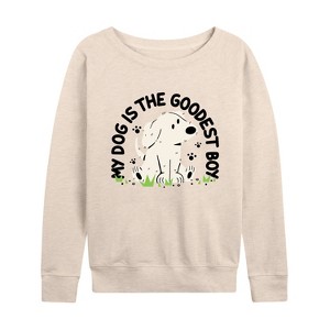 Women's - Instant Message - Goodest Boy Lightweight French Terry Wide Neck Long Sleeve Graphic Shirt - 1 of 4