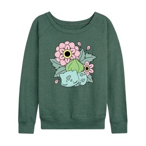 Women's - Pokémon - Bulba Flowers Lightweight French Terry Wide Neck Long Sleeve Shirt - 1 of 4