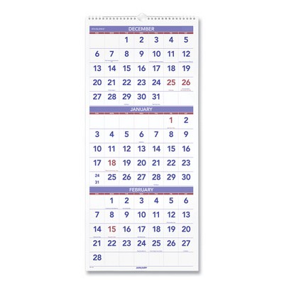 Deluxe Three-Month Reference Wall Calendar, Vertical Orientation, 12 x 27, White Sheets, 14-Month: Dec 2024 to Jan 2026