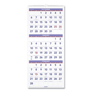 Deluxe Three-Month Reference Wall Calendar, Vertical Orientation, 12 x 27, White Sheets, 14-Month: Dec 2024 to Jan 2026 - 1 of 3