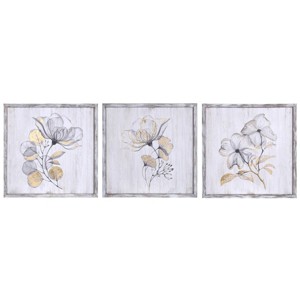 Set of 3 Flower Prints with Gold Painted Accents Wall Arts White - StyleCraft: Botanical Mixed Media, Farmhouse Decor, Includes Mounting Hardware - 1 of 4