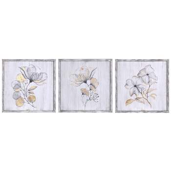 Set of 3 Flower Prints with Gold Painted Accents Wall Arts White - StyleCraft