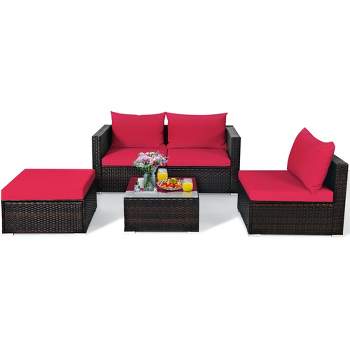 Tangkula 5PCS Cushioned Rattan Patio Conversation Set w/ Ottoman Red Cushion
