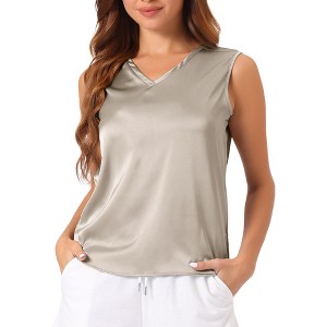 cheibear Women's V Neck Silk Satin Sleeveless Summer Top - 1 of 4