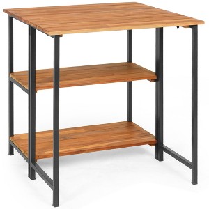 Costway Patio Acacia Wood Folding Dining Table Storage Shelves Garden Deck - 1 of 4