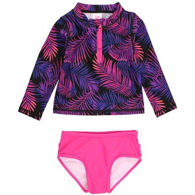 Rufflebutts Kids Long Sleeve Zipper Rash Guard 2-piece - Marine Glow ...
