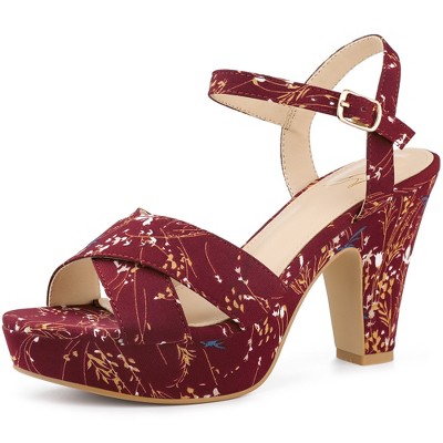 Perphy Women's Floral Platform Slingback Chunky High Heels Sandals
