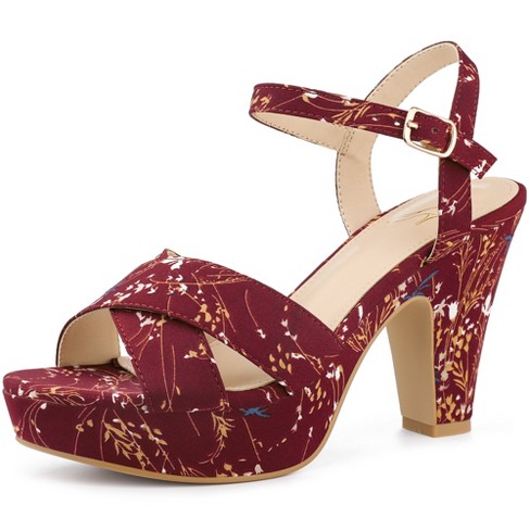 Perphy Women's Floral Platform Slingback Chunky High Heels Sandals Burgundy  7.5