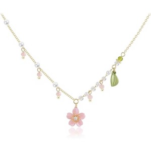 Lily of The Valley Pearl Necklace Cheery Blossm Daisy Green Paint and Lily Flower Pearl Pendant Floral Charm Pink Flower Wedding Jewelry for Women - 1 of 4