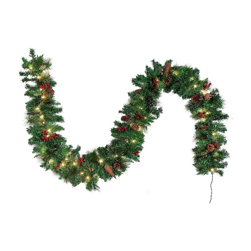 9Ft Pre-lit Artificial Christmas Garland,  Artificial Green with 50 Lights Silver Bristle Pine Cones Red Berries for Indoor Outdoor Decorations, 4 of 7