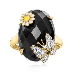 Ross-Simons Onyx and 0.20 ct. t.w. White Zircon Butterfly and Flower Ring With Single Black Spinel in 18kt Gold Over Sterling - 1 of 4