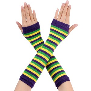 Allegra K Women's Stripe Print Knitted Fingerless Elbow Length Gloves Warmers One Size 1 Pair - 1 of 4