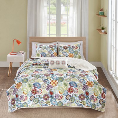 Ivory and Multicolor Reversible Microfiber Full Quilt Set