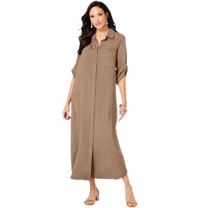 Roaman's Women's Plus Size Collared Button Front Dress - 1 of 4