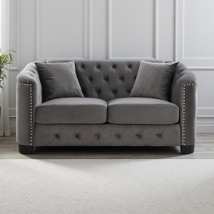 59" Velvet Chesterfield 2-Seater Sofa with Nailhead Trim & Wood Frame - 1 of 4