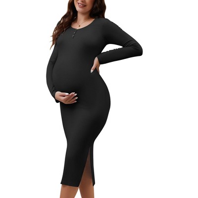 INSPIRE CHIC Women's Split Maternity Dress Long Sleeve Henley Collar Button Bodycon Ribbed Knit Pregnancy Photoshoot