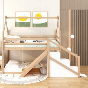 CAVINAS Twin over Twin Bunk Bed House Shaped Wooden Bed Frame with Slide and Storage Stair for Bedroom - 1 of 4