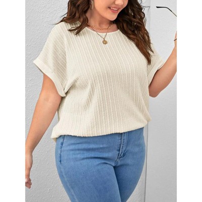 Coolmee Womens Plus Size Short Sleeve Textured Tops Crewneck Knit Solid Loose Casual Basic T Shirts Tee Blouses