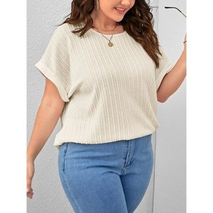 Coolmee Womens Plus Size Short Sleeve Textured Tops Crewneck Knit Solid Loose Casual Basic T Shirts Tee Blouses - 1 of 4