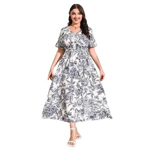 Plus Size Women's V Neck Maxi Dress Belted Waist Flowy Ankle Length Casual Elegant Party Dress - 1 of 4
