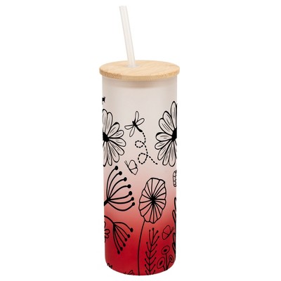 Elanze Designs Dragonfly Butterfly Bee Flower Garden Wrap-Around Design 25 Ounce Frosted Gradient Glass On-The-Go Coffee Travel Skinny Tumbler Mug