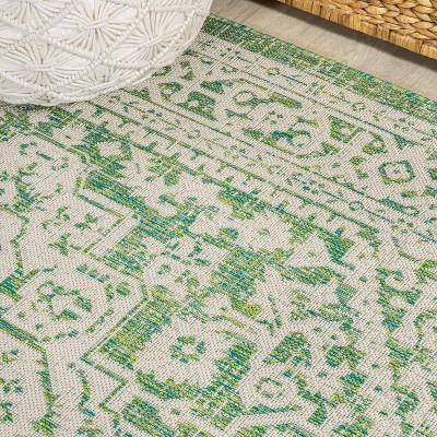 Sinjuri Cream/Green Medallion Textured Weave Reversible Area Rug