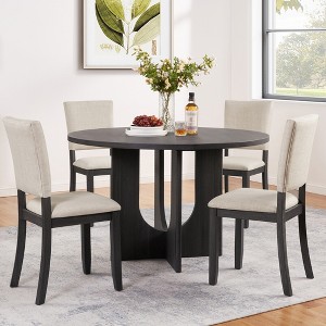 GDFStudio Louis Modern 5 Piece Rubberwood Round Dining Table Set with 4 Upholstered Chairs - 1 of 4