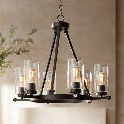 Rustic Bronze Wagon Wheel 26'' Wide Chandelier with Clear Glass Shades