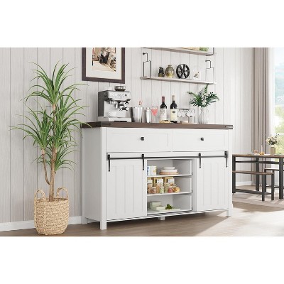 Coffee Bar Table with 5 Drawers and Sliding Barn Doors,Adjustable Shelf Wooden Console Table for Living Room & Dining Room