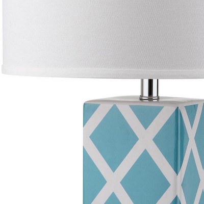 Garden Lattice Light Blue Ceramic Table Lamp Set with White Cotton Shade