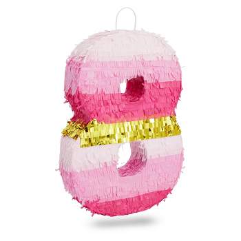 Blue Panda Small Pink and Gold Foil Number 8 Pinata for Kids 8th Birthday Party Decorations, 16.5 x 11 In