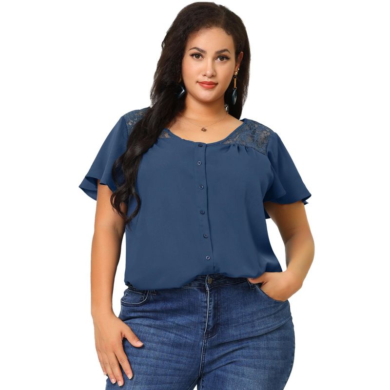 Agnes Orinda Women's Plus Size V Neck Full Placket Lace Panel Flare Short Sleeve Summer Button Down Shirts, 4 of 7